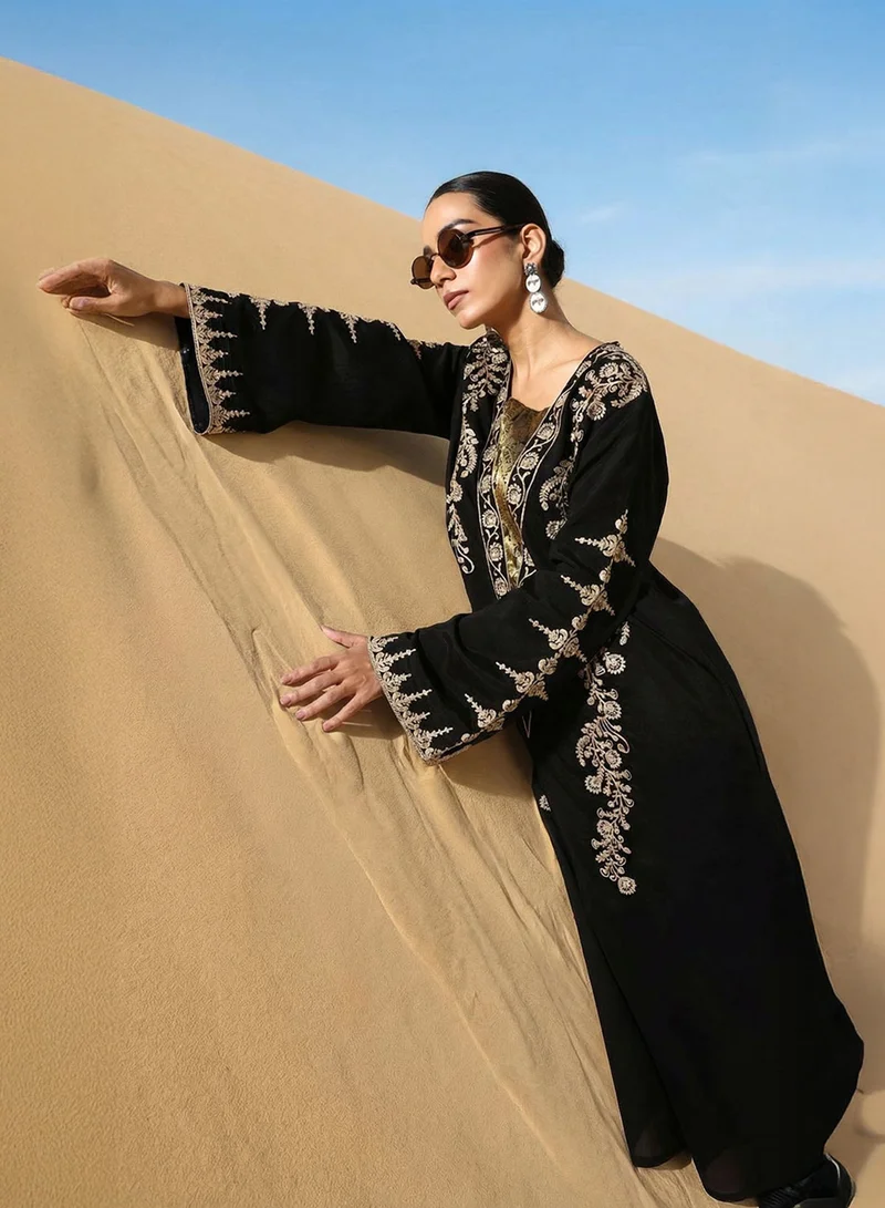 Ishin  Black Floral Zari Embroidered Brocade Abaya for Women | Best Price UAE